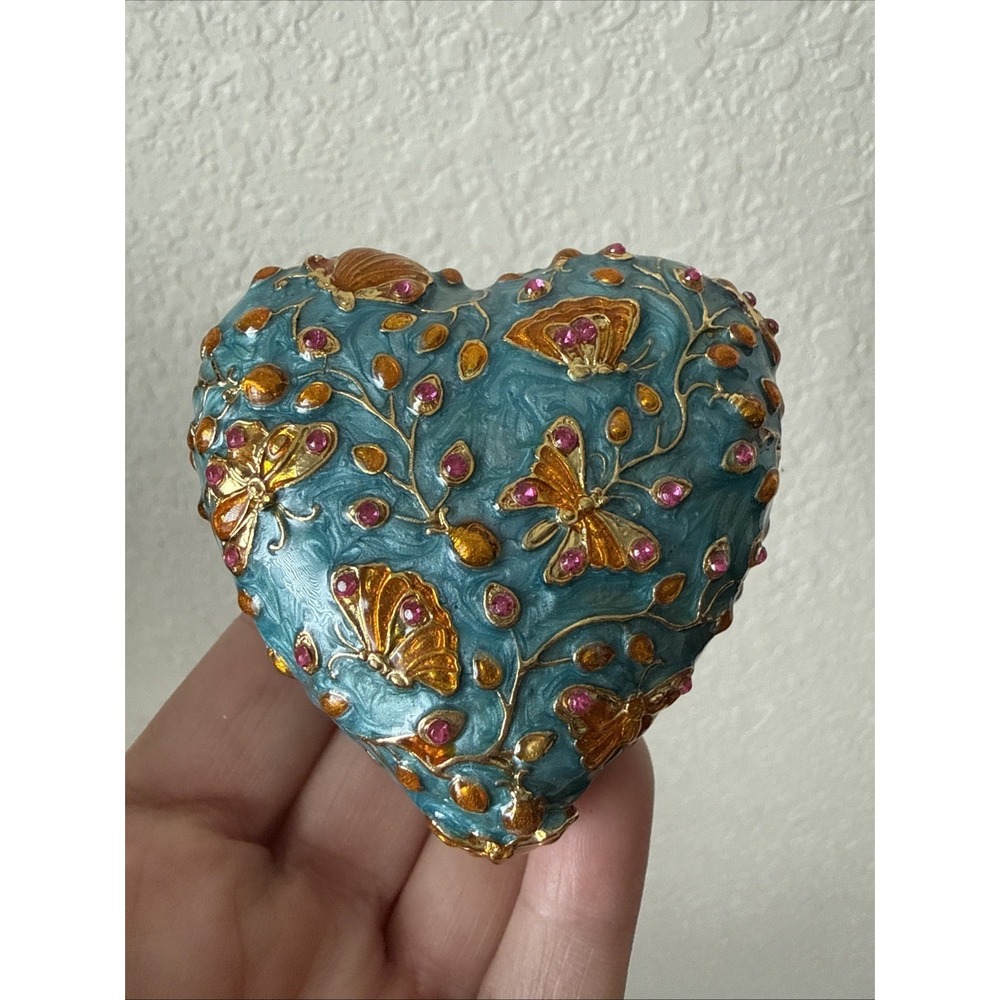 Heart Shaped Enameled Trinket Box With Rhinestone Butterflies
